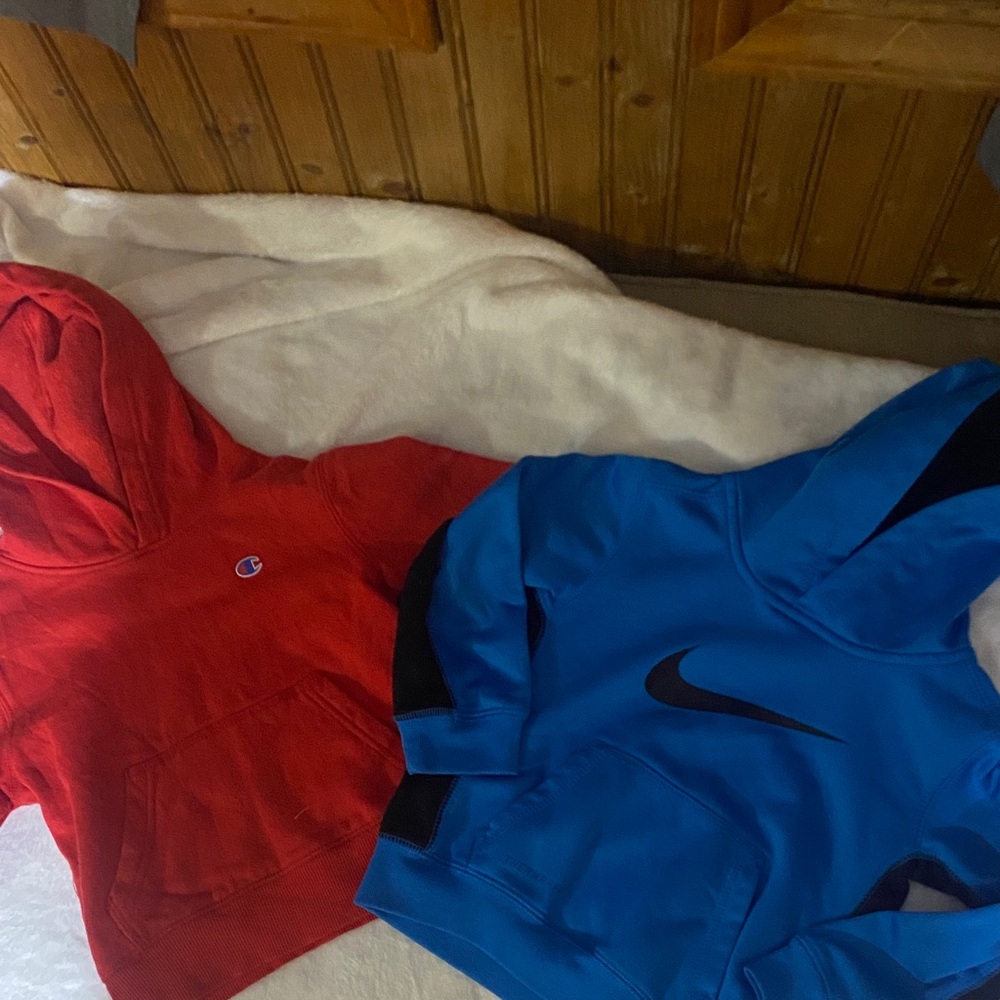Nike blue hoodie and red champion hoodie. Like new condition size 3t